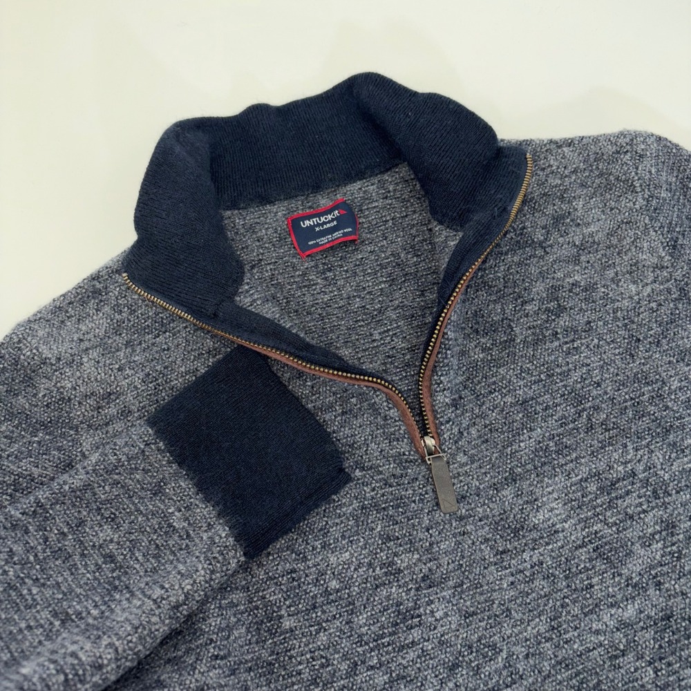 UNTUCKit Extra Fine Merino Wool Quarter Zip Sweater Mens XL Blue Marl Pullover